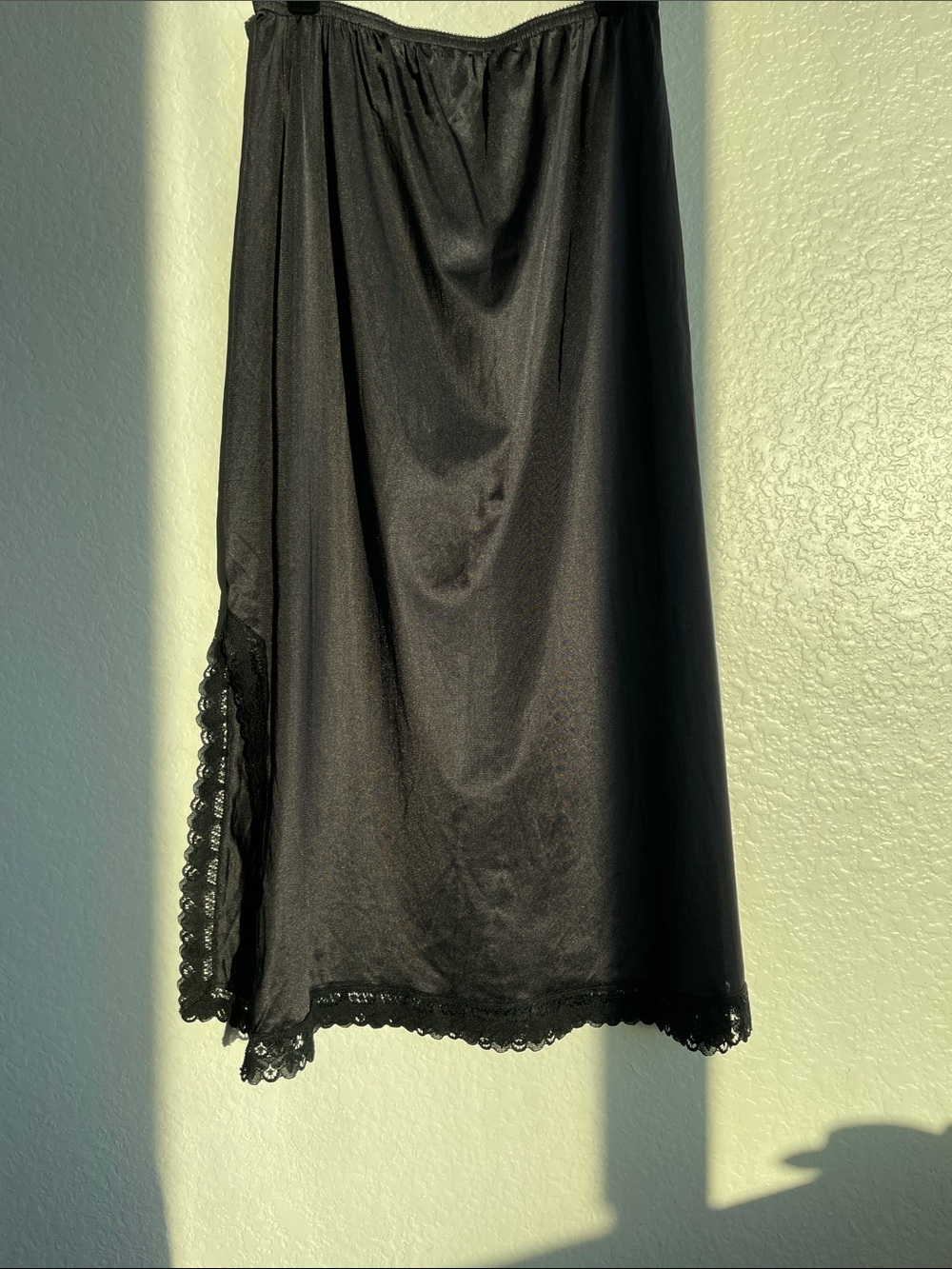 Black Satin Half Slip Midi Skirt with Lace Trim | XS•Small